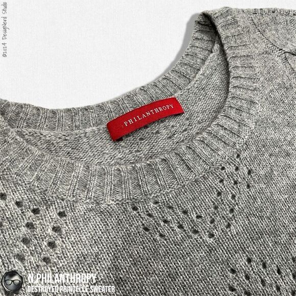 N:PHILANTHROPY DECONSTRUCTED POINTELLE CABLE KNIT SWEATER SHADOW WOOL CASHMERE - Picture 9 of 15